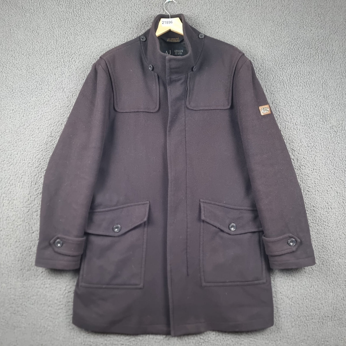 ARMANI JEANS Coat Mens L Large Navy Blue Wool Overcoat Peacoat 30th Anniversary
