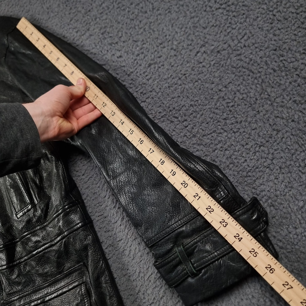 Vintage ARMA Leather Jacket Mens L Large 40 Black Long Overcoat Coat Lined 90s