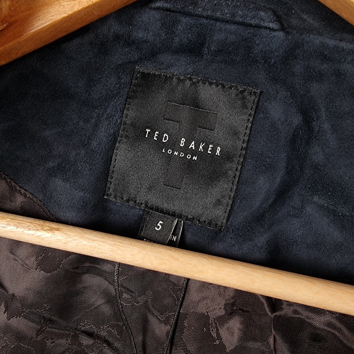 TED BAKER Genuine Leather Jacket Men XL 5 Blue Suede Trucker Zip NEW RRP £400