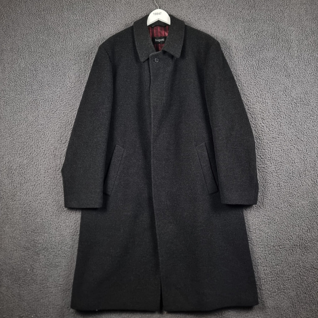 BUGATTI Coat Mens 2XL 52 Black Wool Cashmere Long Trench Overcoat Collared