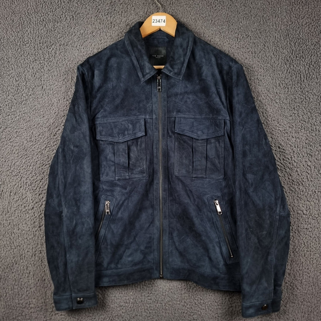 TED BAKER Genuine Leather Jacket Men XL 5 Blue Suede Trucker Zip NEW RRP £400