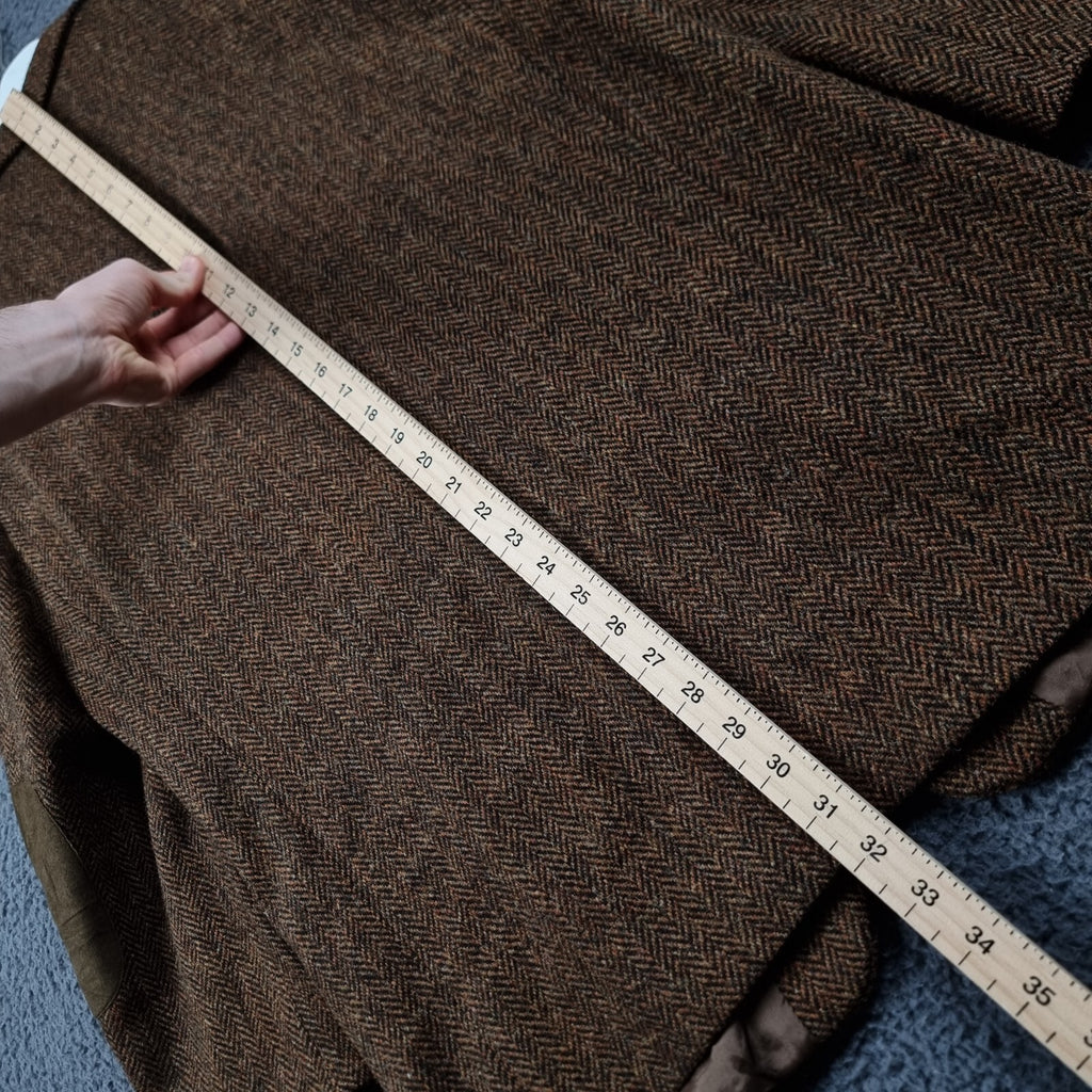 Harris Tweed Blazer Jacket Mens 40 Brown Herringbone Leather Elbow Patch Sport Coat Atwardson