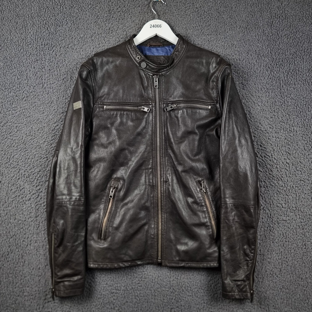 SUPERDRY Leather Jacket Mens M Medium Brown Racer Biker Bomber Zip Real Hero