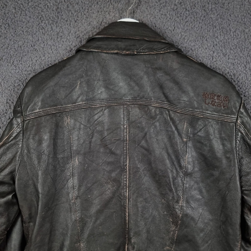 SUPERDRY Leather Jacket Mens L Large Brown Brad Distressed Biker Motorcycle
