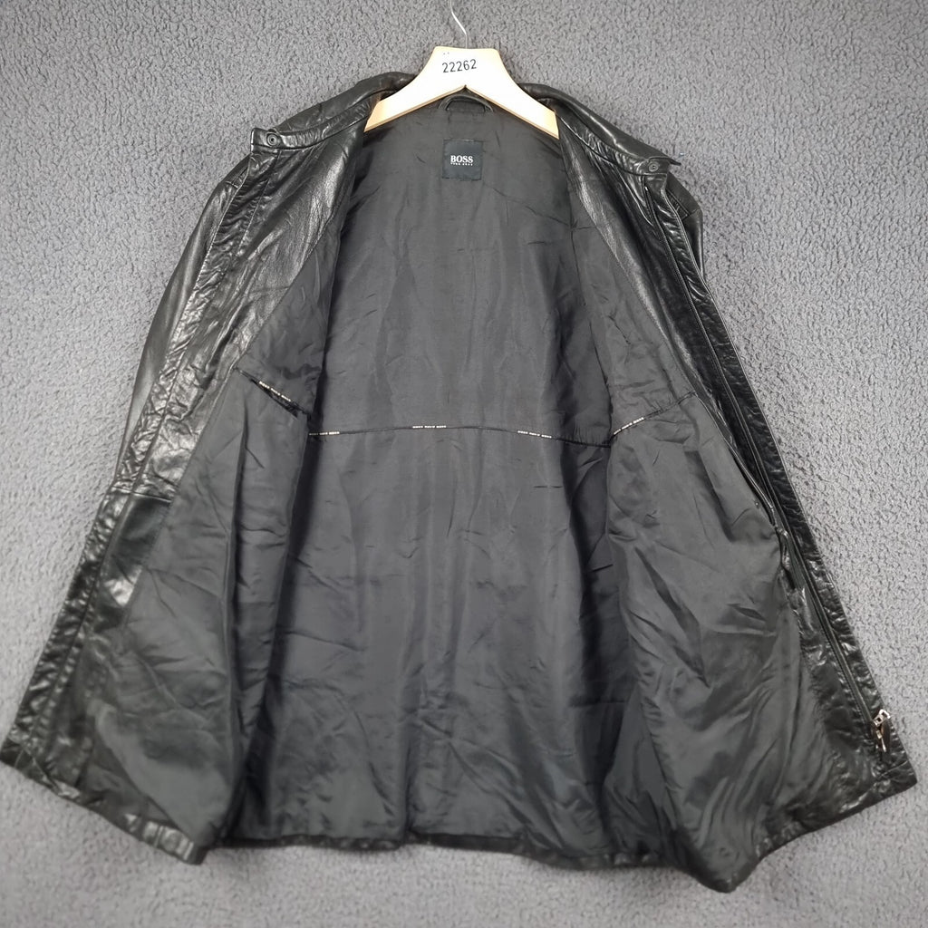 Vintage HUGO BOSS Leather Jacket Mens L Large 40 Black Soft Lambskin Nappa 90s