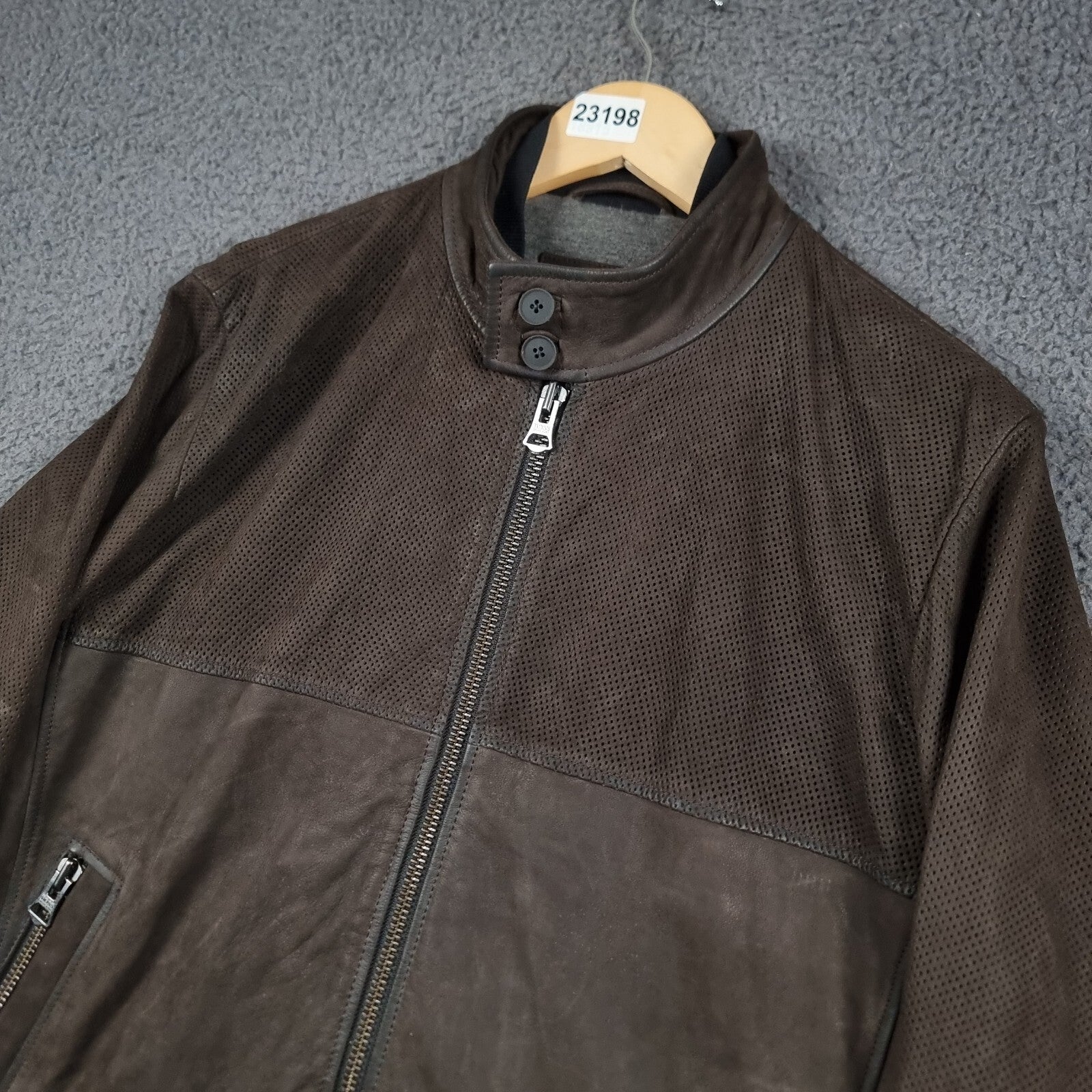 HUGO BOSS Leather Jacket Mens L Large 40R Brown Buffalo Skin Bomber Biker