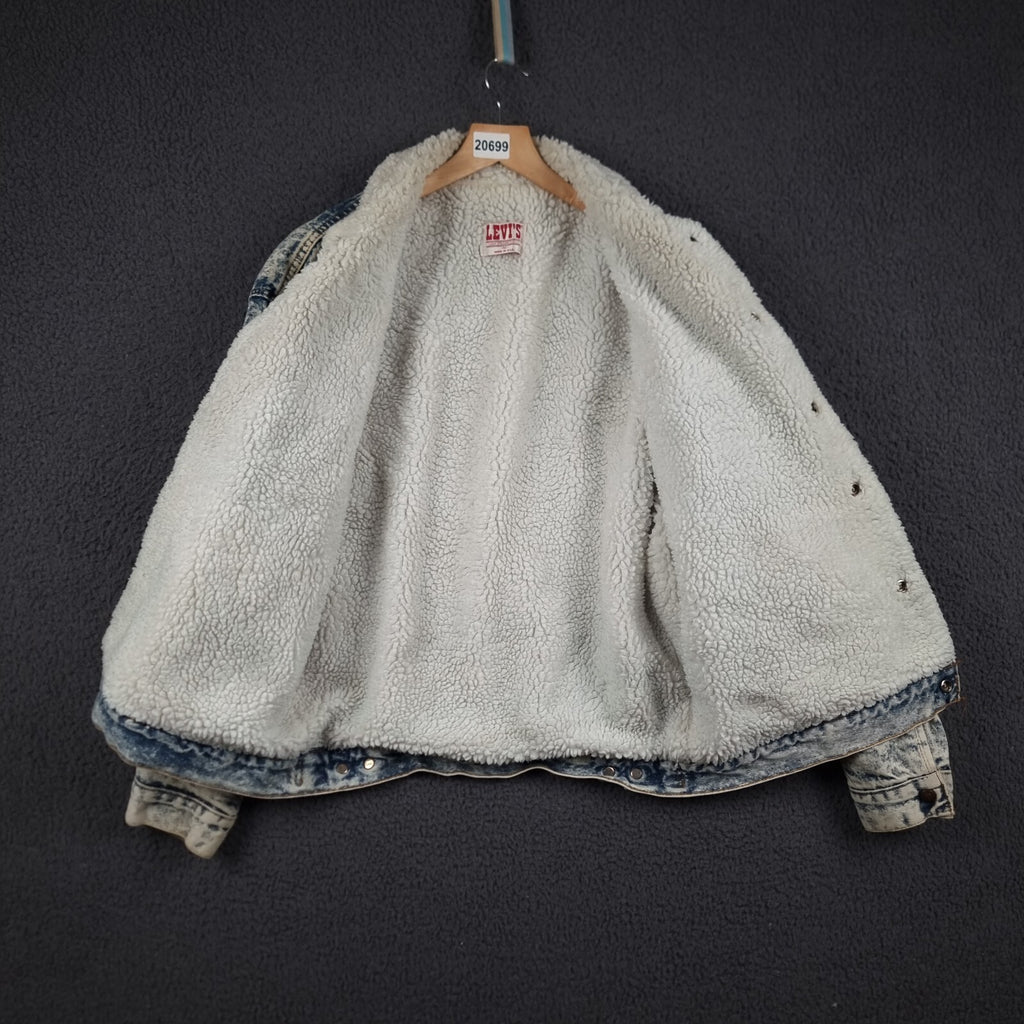 Vintage Levi's Sherpa Jacket Mens M Blue Trucker Acid Wash USA Made 80s Snap