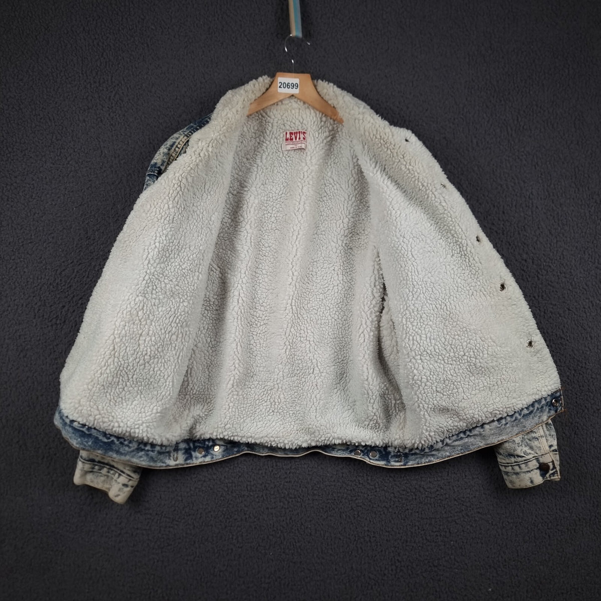 Vintage Levi's Sherpa Jacket Mens M Blue Trucker Acid Wash USA Made 80s Snap