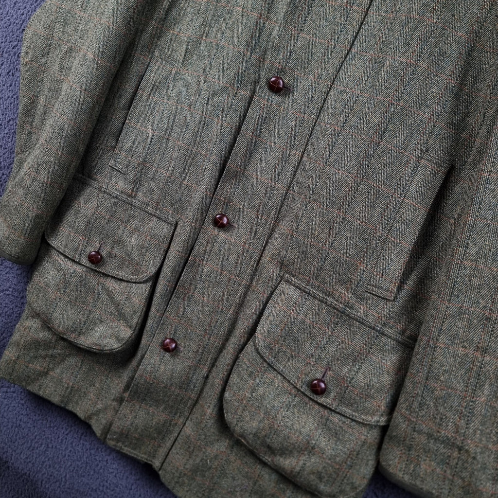 JOHN BROCKLEHURST Jacket Mens L Large Green Check Tweed 100% Wool Shooting Coat