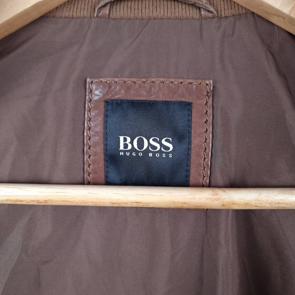 HUGO BOSS Leather Jacket Mens 40R L Large Brown Nappa Calfskin Soft Coat