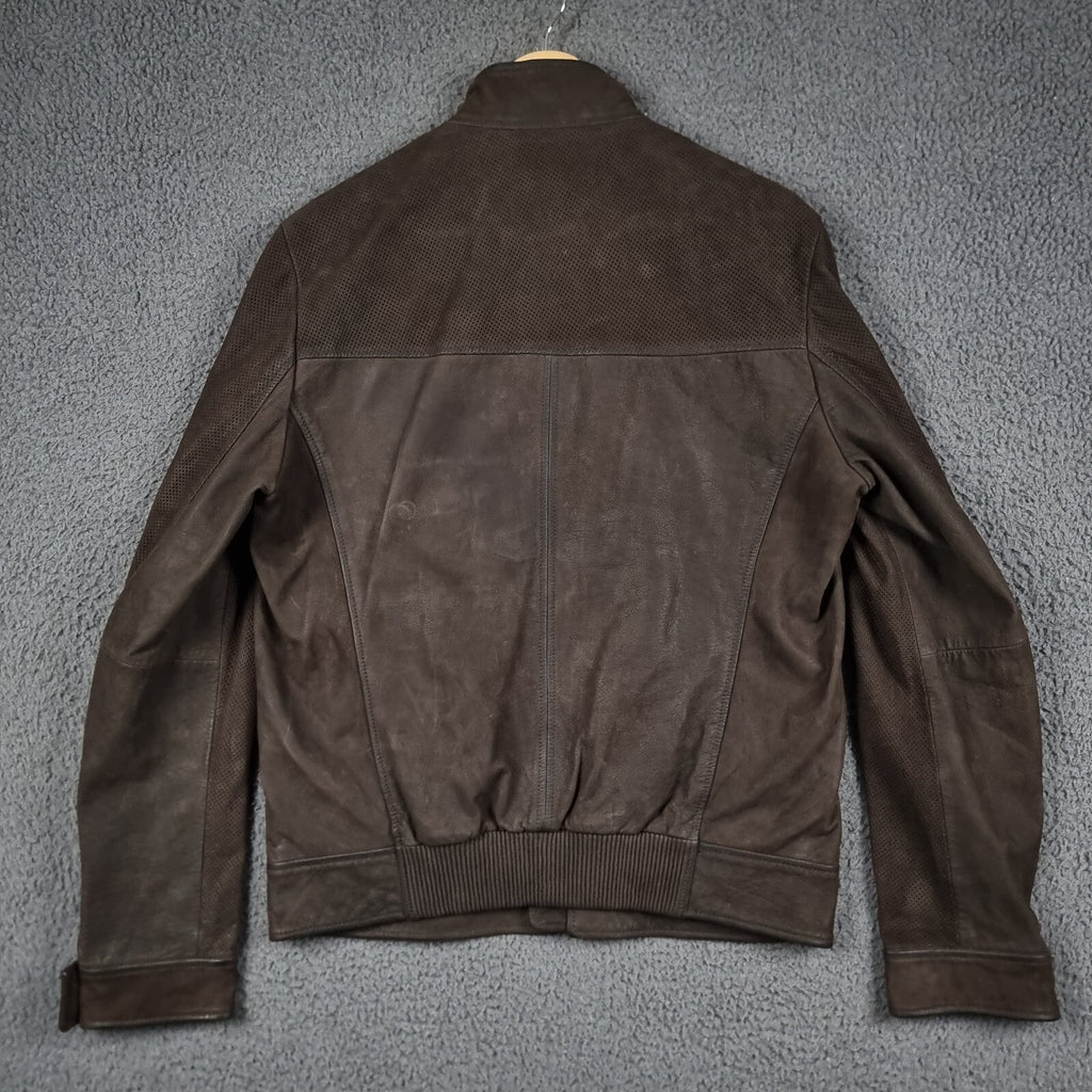 HUGO BOSS Leather Jacket Mens L Large 40R Brown Buffalo Skin Bomber Biker