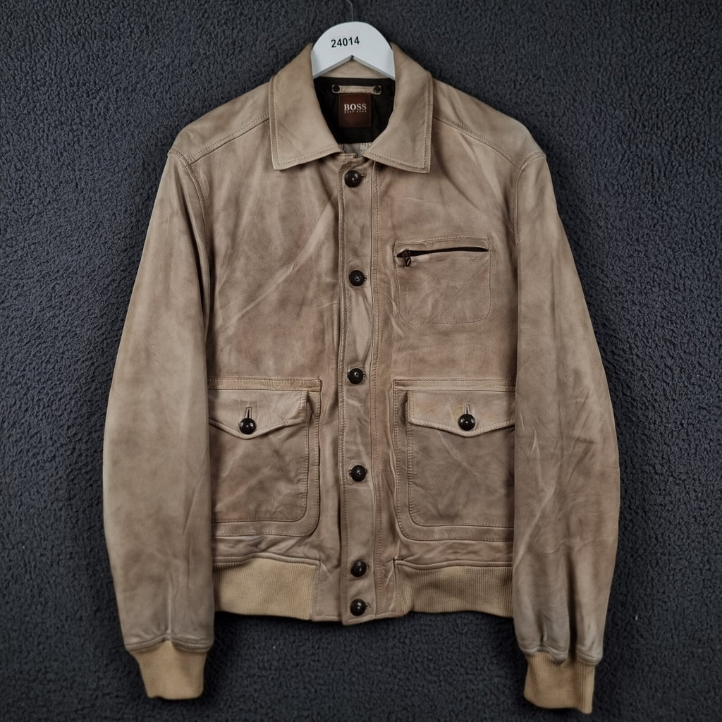 Vintage HUGO BOSS Leather Jacket Mens L Large 42 Brown Lambskin Bomber Flight A2