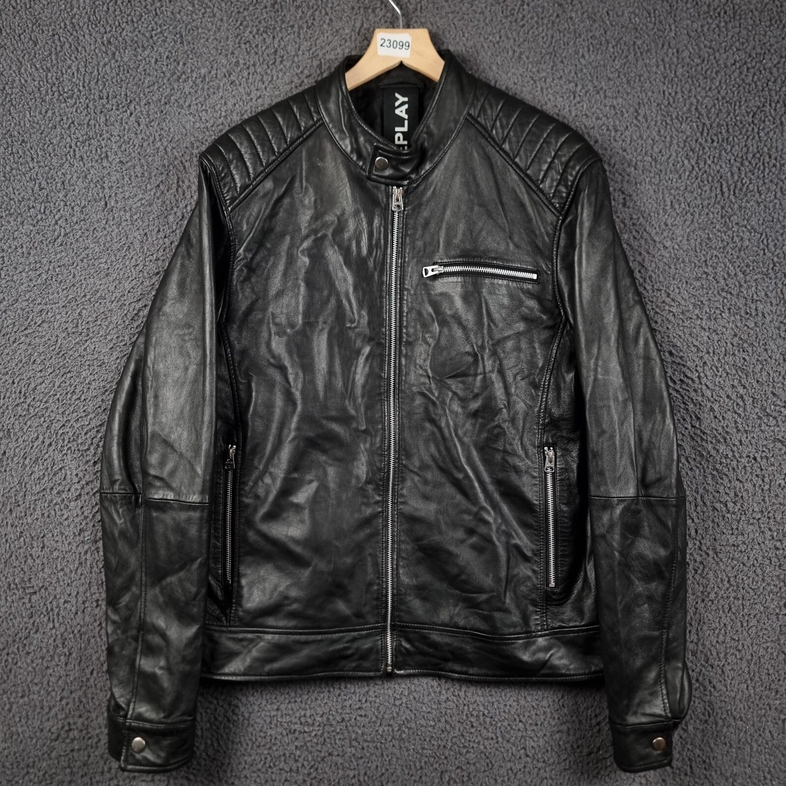 REPLAY Leather Jacket Mens XL Black Biker Racer Soft Sheep Lambskin Full Zip
