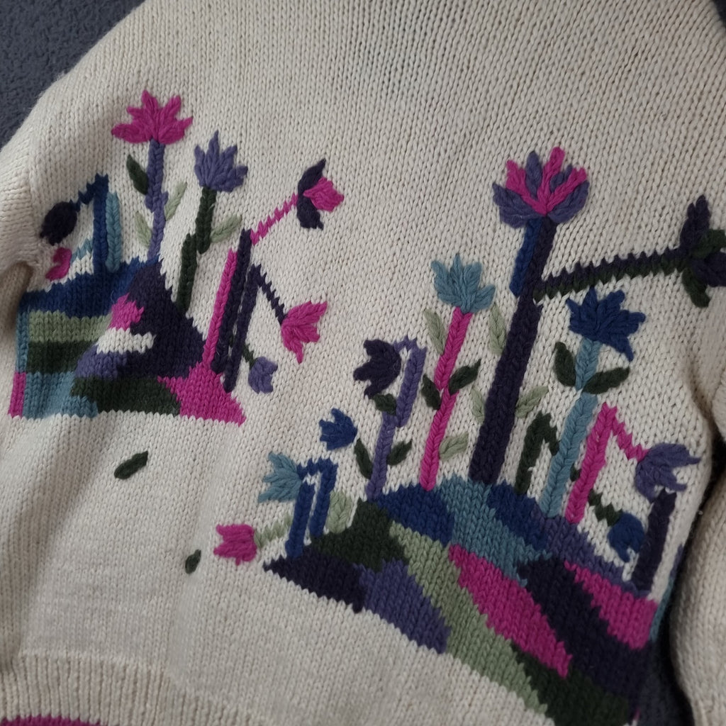 Vintage DOBRILA Cardigan Womens M Medium Pure Wool Hand Knit Yugoslavia Floral