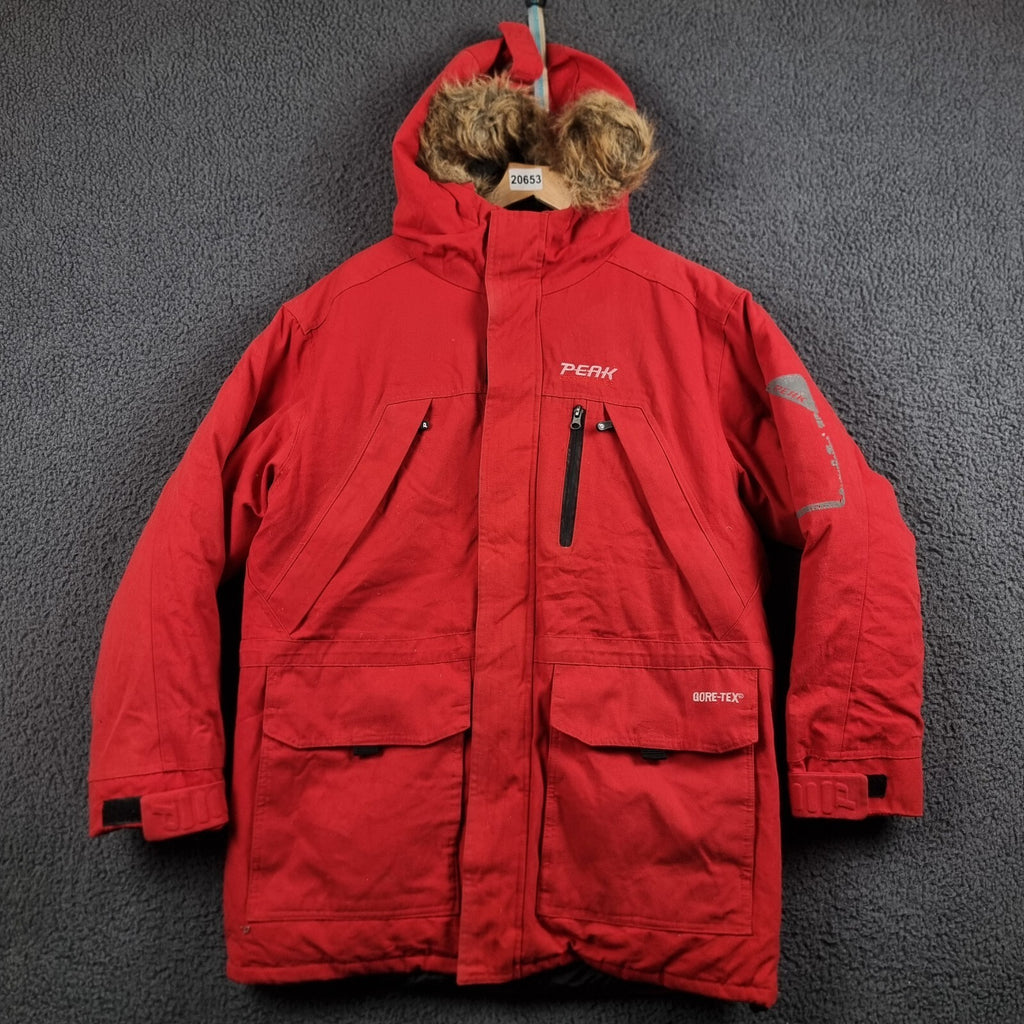 PEAK PERFORMANCE Jacket Mens S Small Red Goretex Goose DOWN Fill Parka Rain Coat