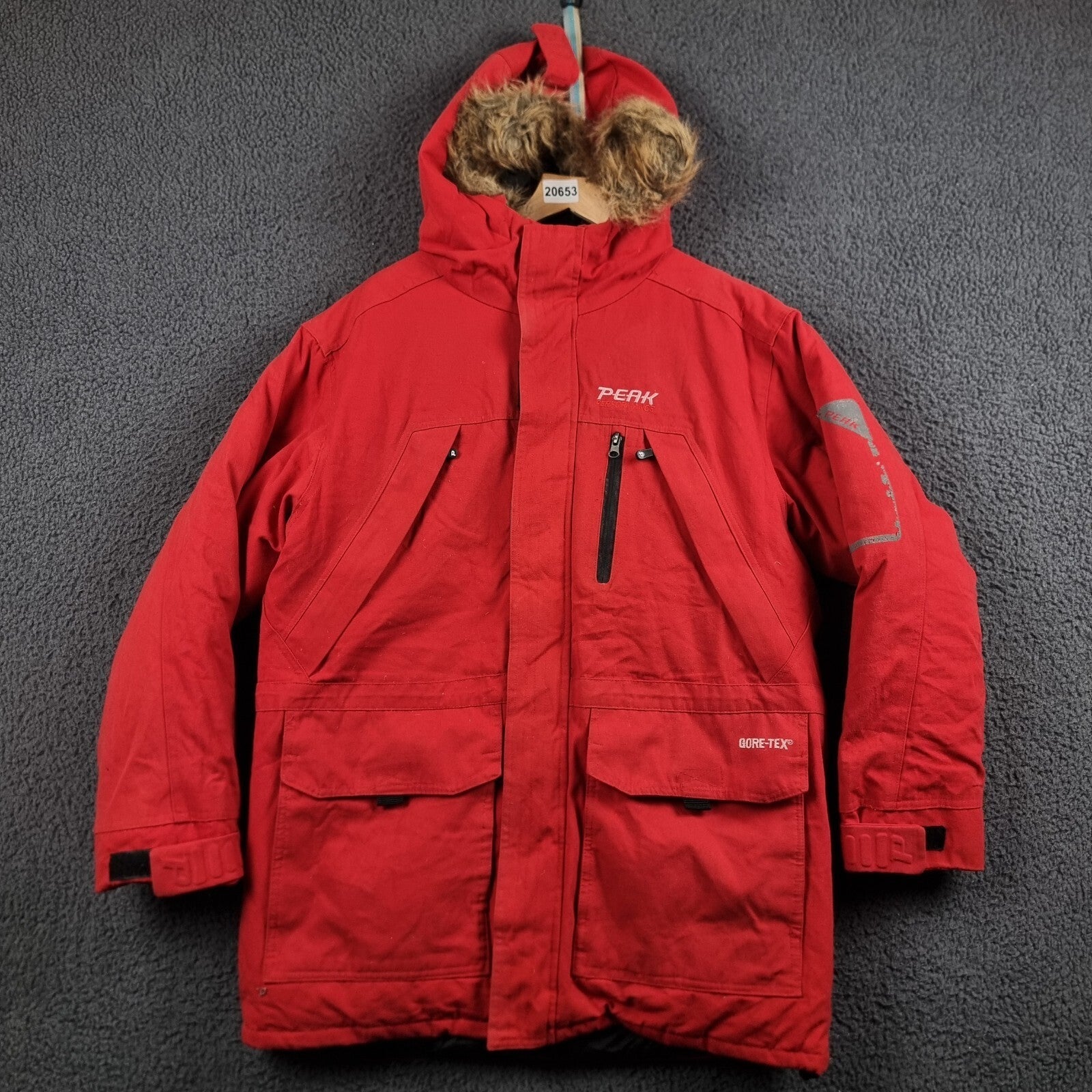 PEAK PERFORMANCE Jacket Mens S Small Red Goretex Goose DOWN Fill Parka Rain Coat