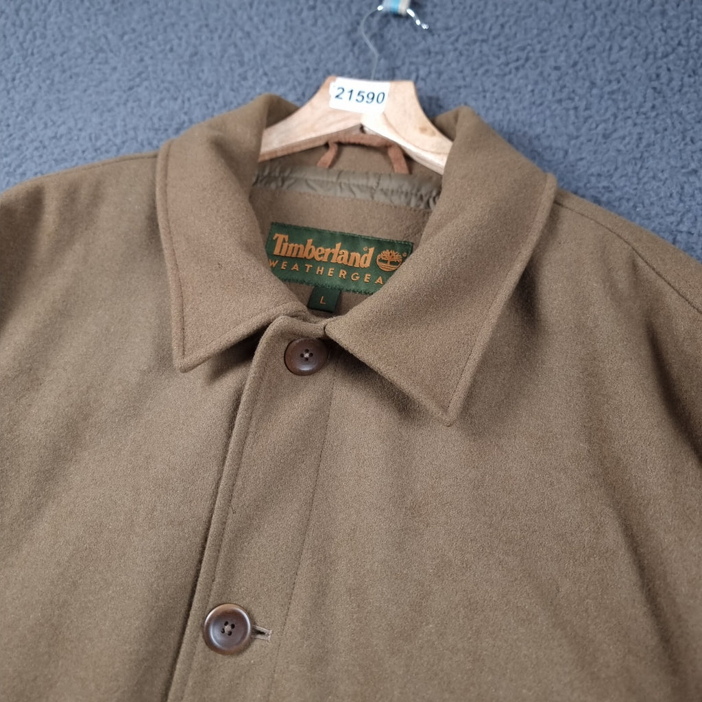 Vintage Timberland Jacket Mens L Brown Wool Coat Overcoat Insulated Collared 2002 Y2K