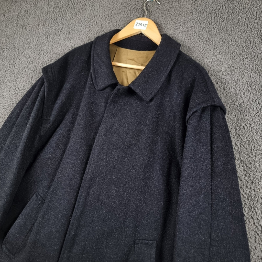 Vintage HUGO BOSS Coat Mens 2XL Navy Blue Wool Loden Overcoat Long Relaxed 80s