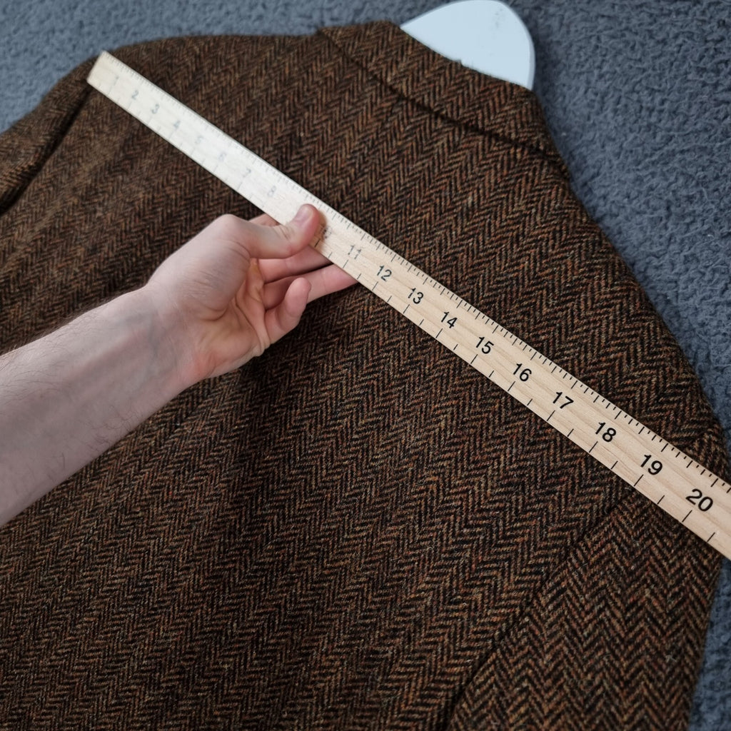 Harris Tweed Blazer Jacket Mens 40 Brown Herringbone Leather Elbow Patch Sport Coat Atwardson
