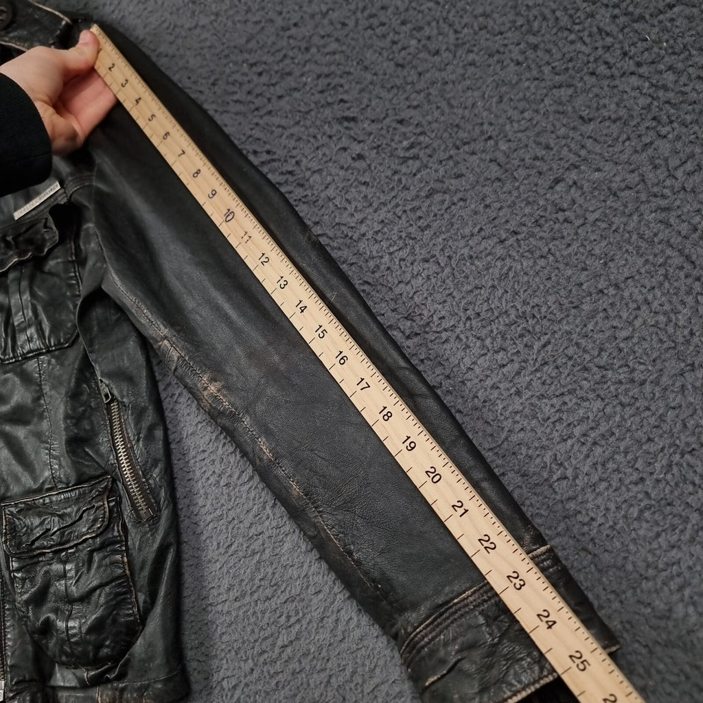 SUPERDRY Leather Jacket Mens L Large Brown Brad Distressed Biker Motorcycle