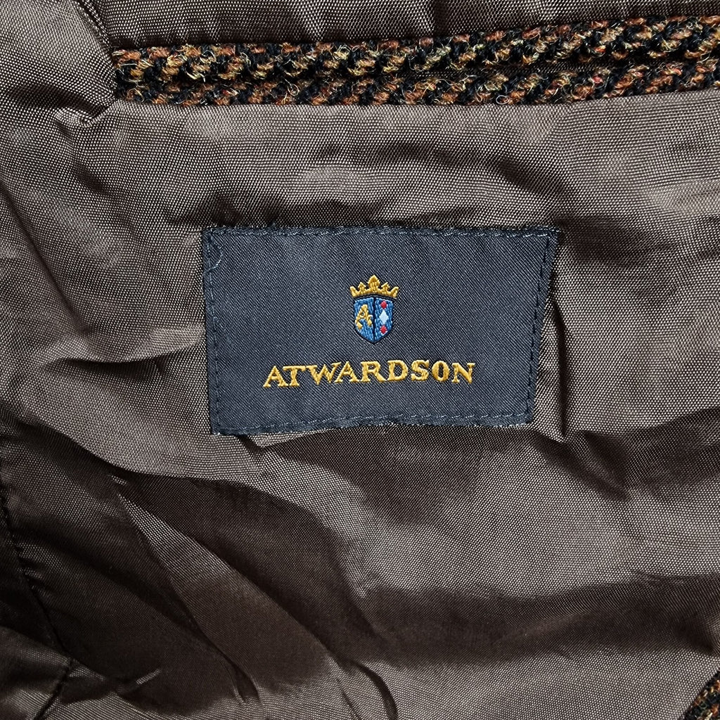 Harris Tweed Blazer Jacket Mens 40 Brown Herringbone Leather Elbow Patch Sport Coat Atwardson