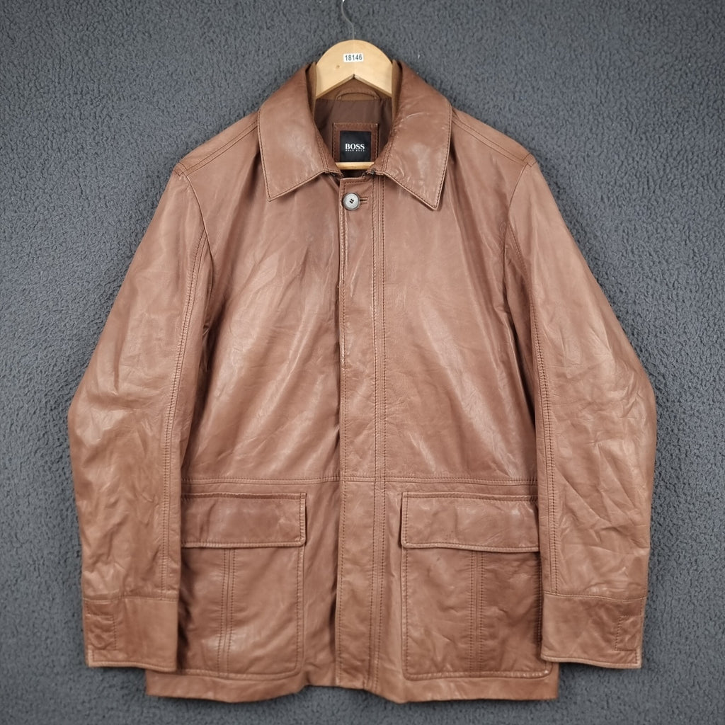 HUGO BOSS Leather Jacket Mens 40R L Large Brown Nappa Calfskin Soft Coat