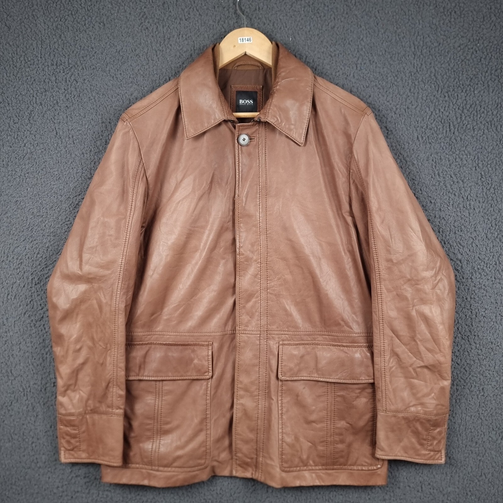 HUGO BOSS Leather Jacket Mens 40R L Large Brown Nappa Calfskin Soft Coat