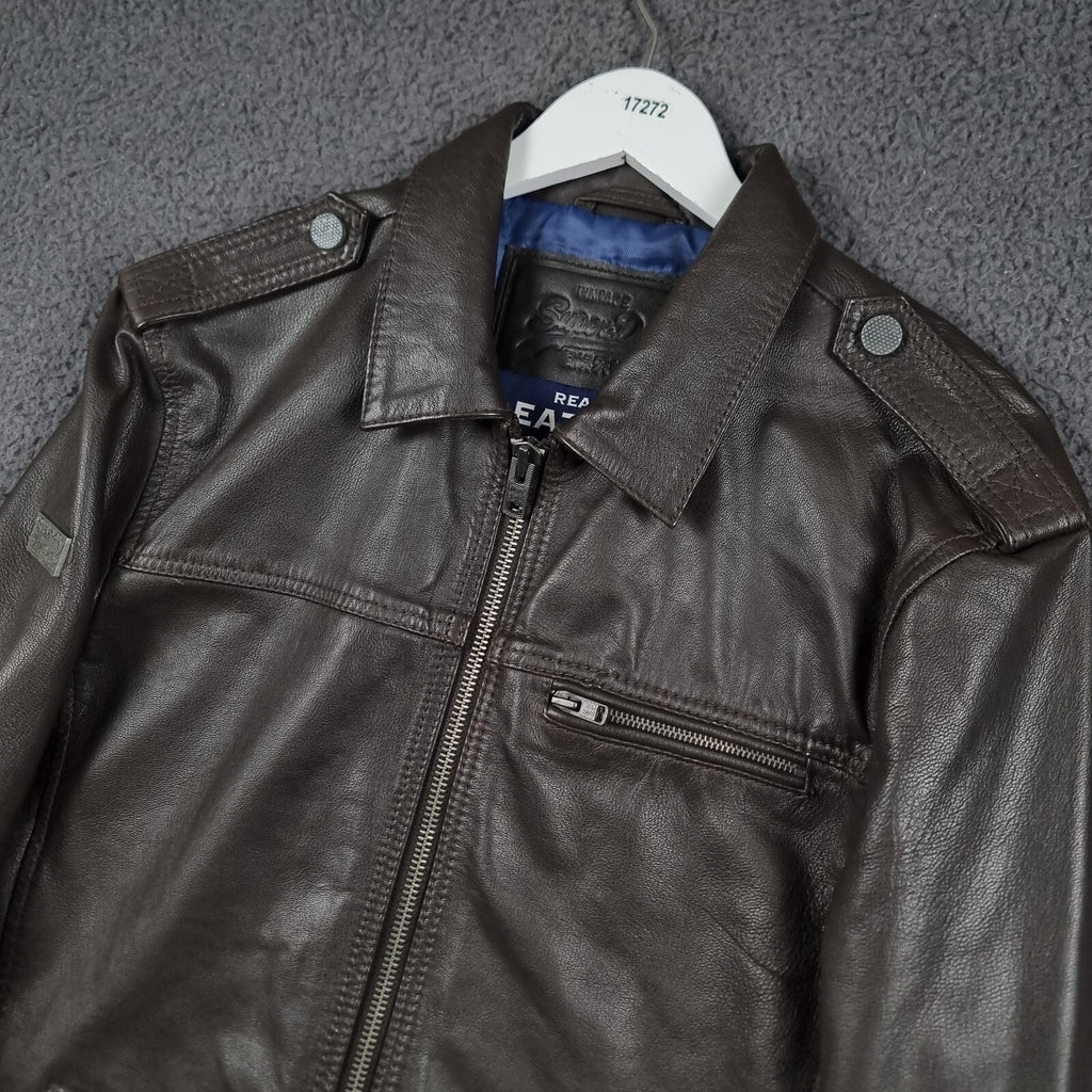 Superdry Leather Jacket Mens L Large Brown Hero Benjamin Biker Bomber Motorcycle