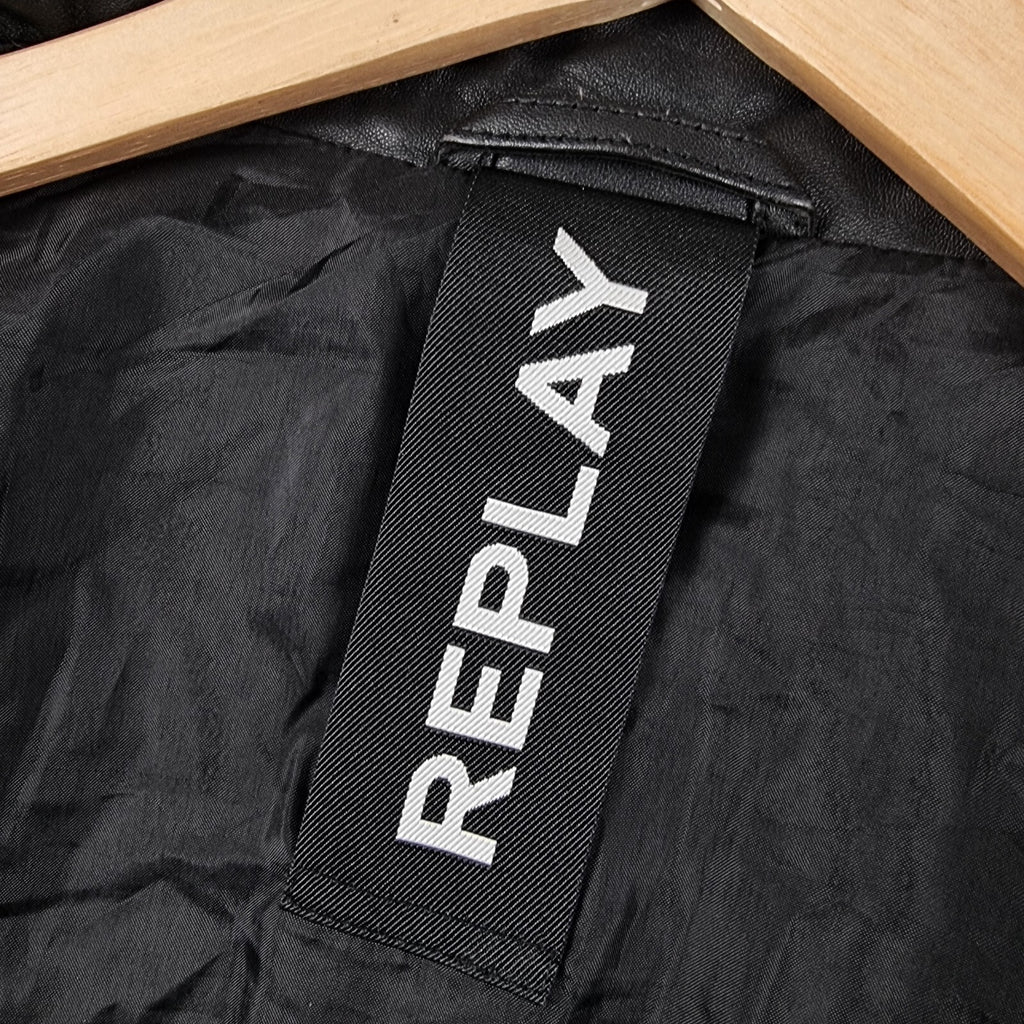 REPLAY Leather Jacket Mens XL Black Biker Racer Soft Sheep Lambskin Full Zip