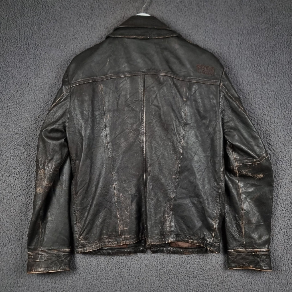 SUPERDRY Leather Jacket Mens L Large Brown Brad Distressed Biker Motorcycle