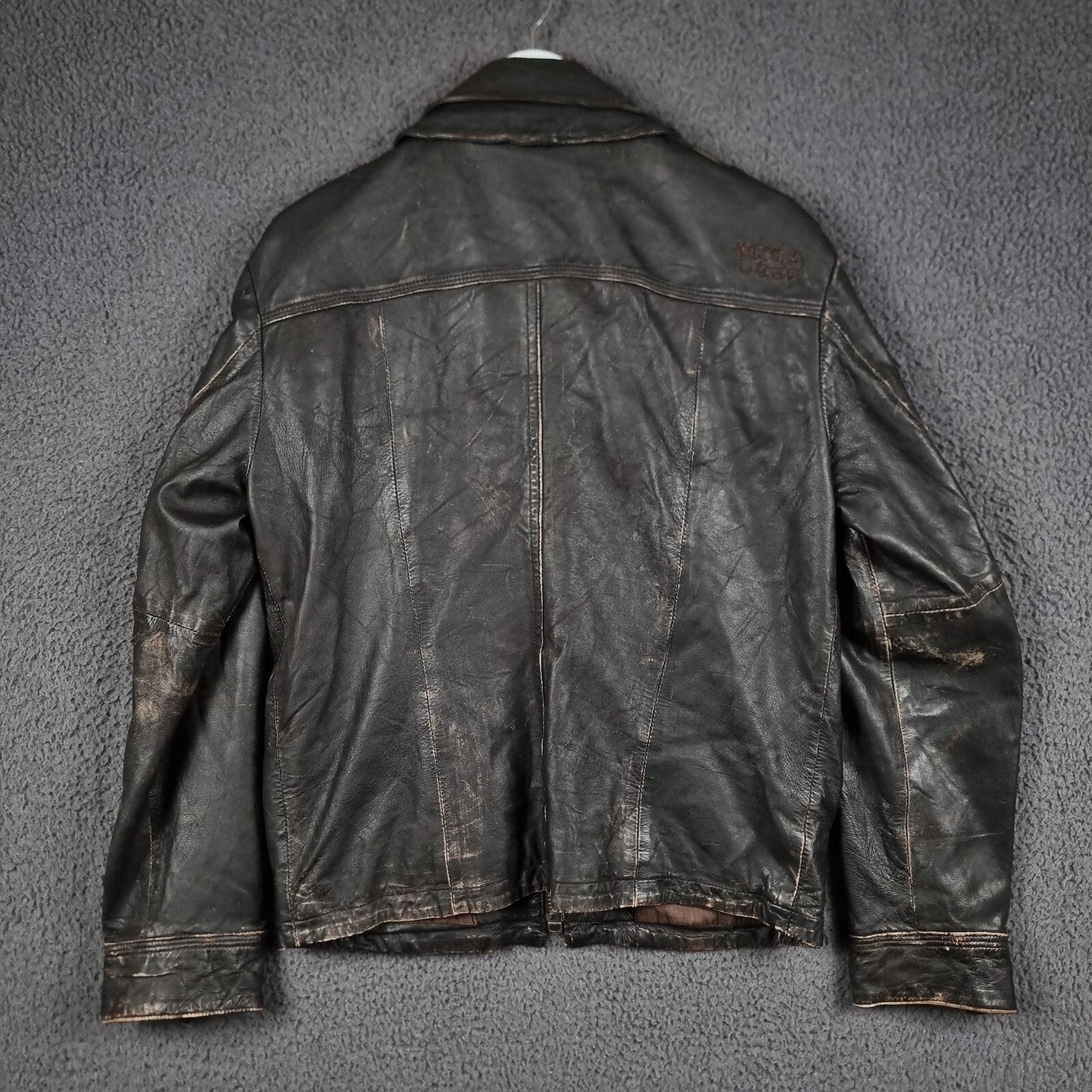 SUPERDRY Leather Jacket Mens L Large Brown Brad Distressed Biker Motorcycle