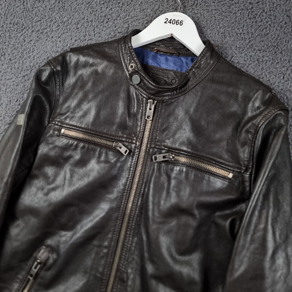 SUPERDRY Leather Jacket Mens M Medium Brown Racer Biker Bomber Zip Real Hero
