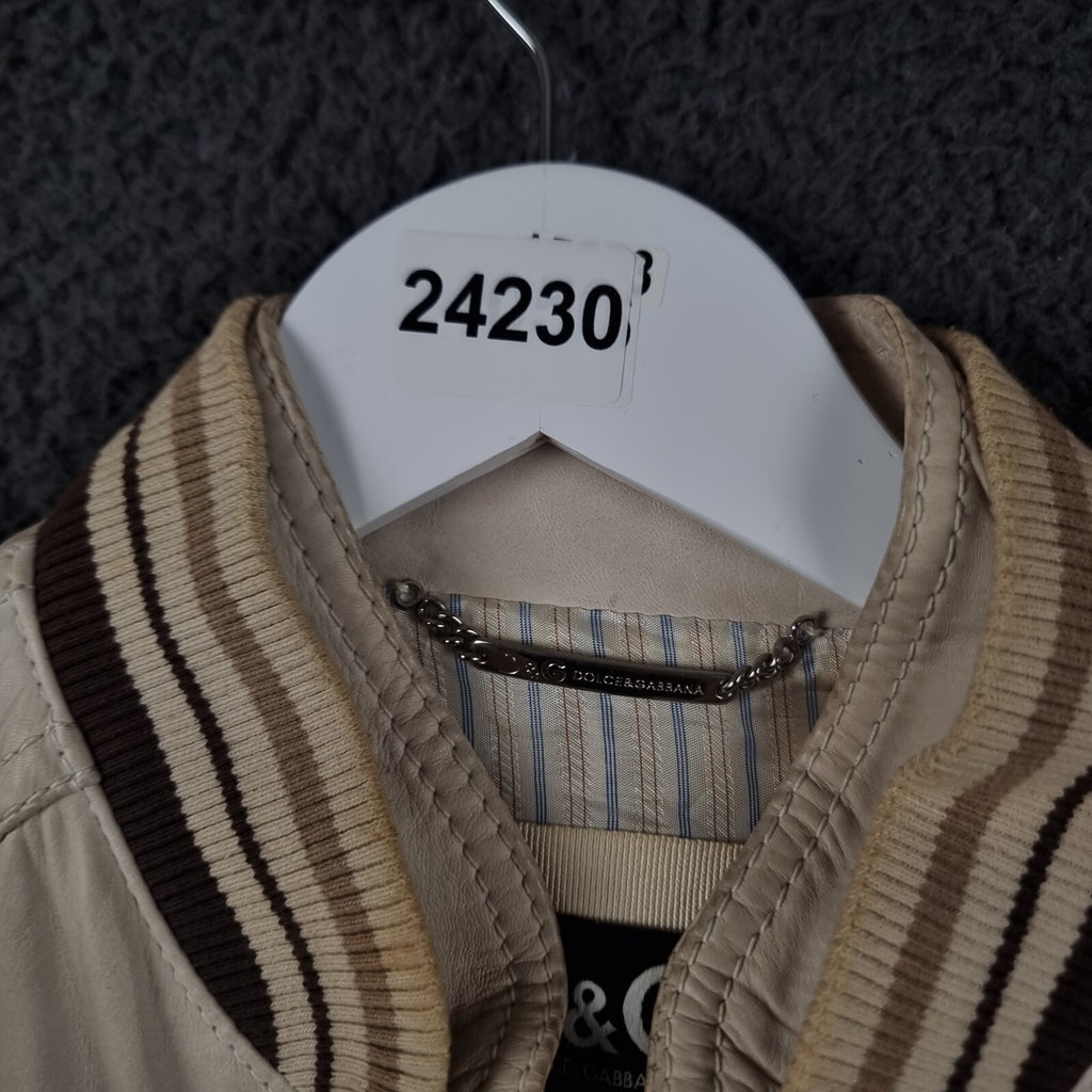 DOLCE & GABBANA Leather Jacket Mens L Large 42 Beige Cream Soft Lambskin Slim