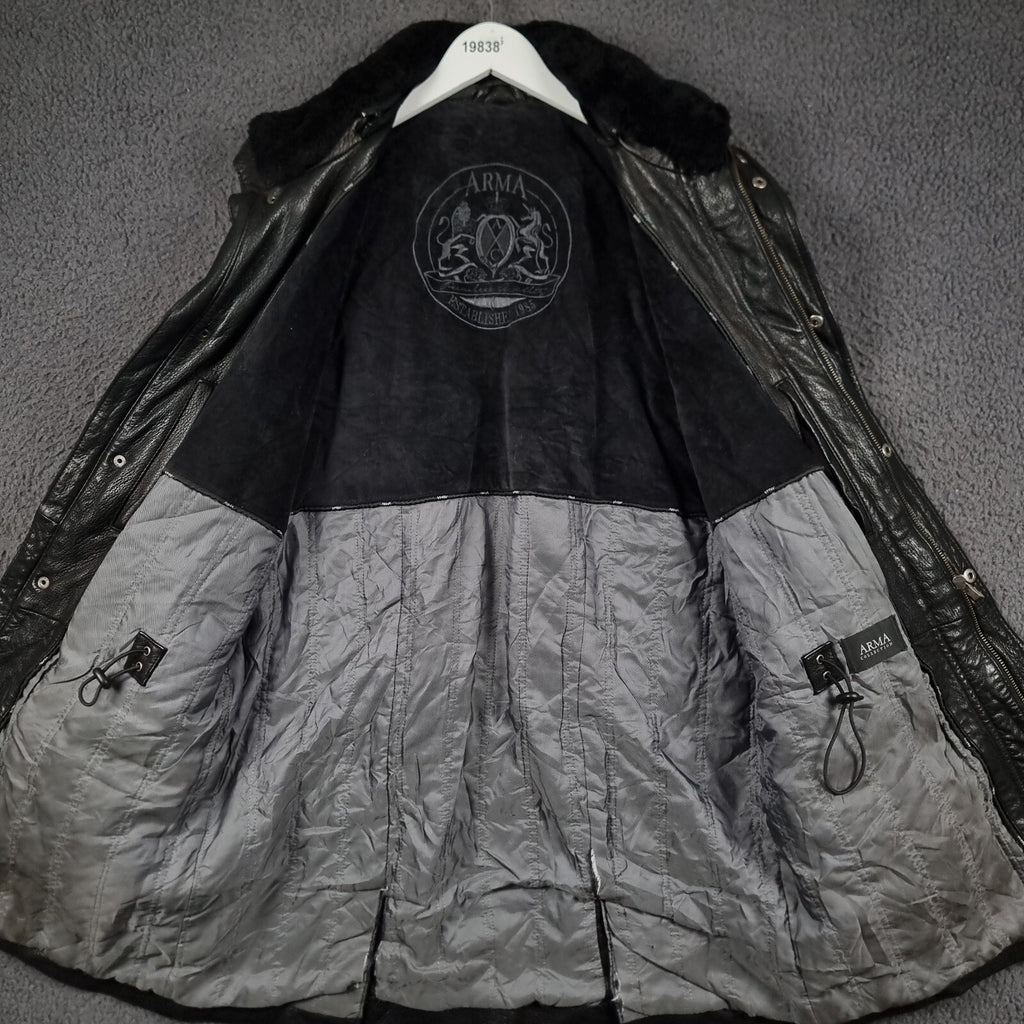 Vintage ARMA Leather Jacket Mens L Large 40 Black Long Overcoat Coat Lined 90s