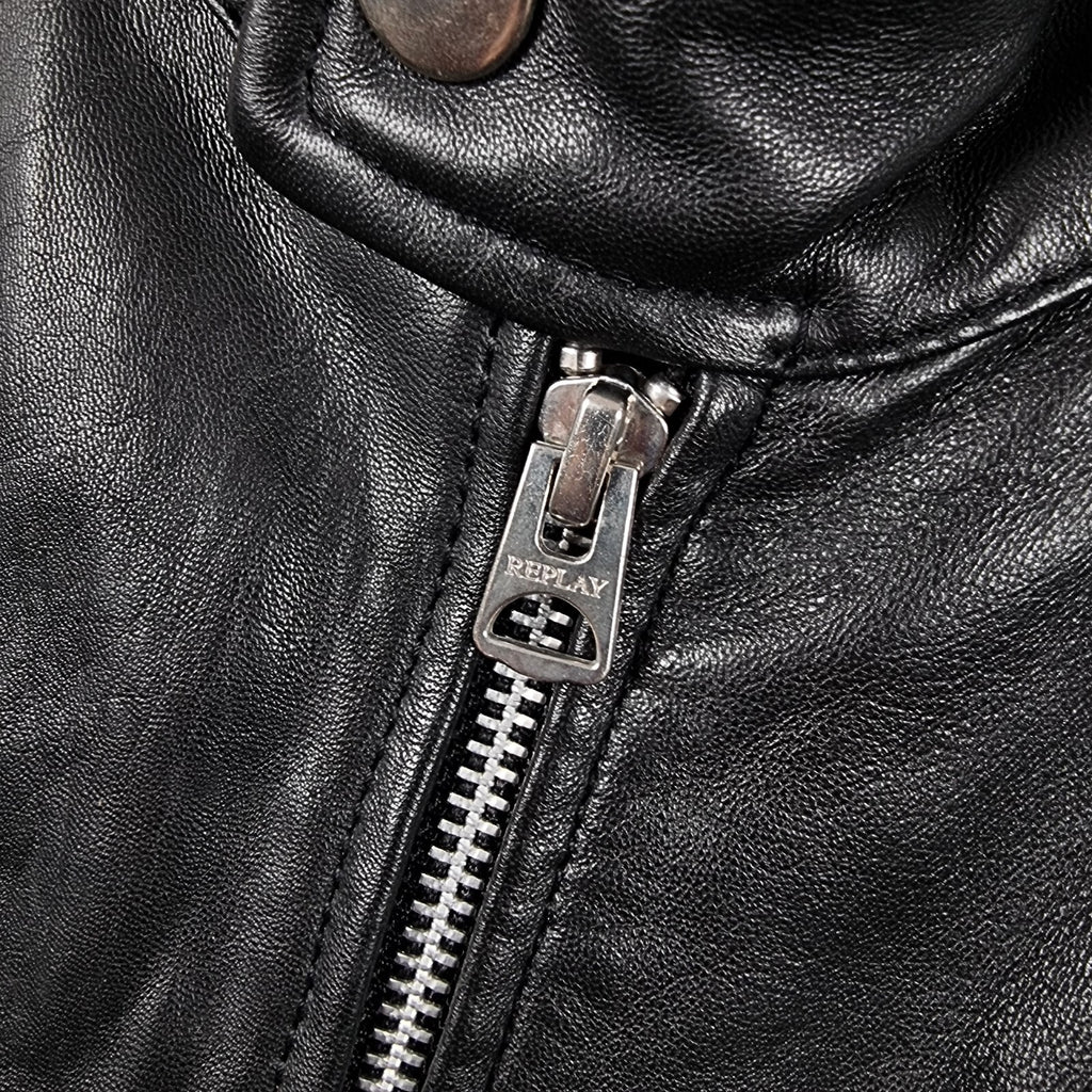 REPLAY Leather Jacket Mens XL Black Biker Racer Soft Sheep Lambskin Full Zip