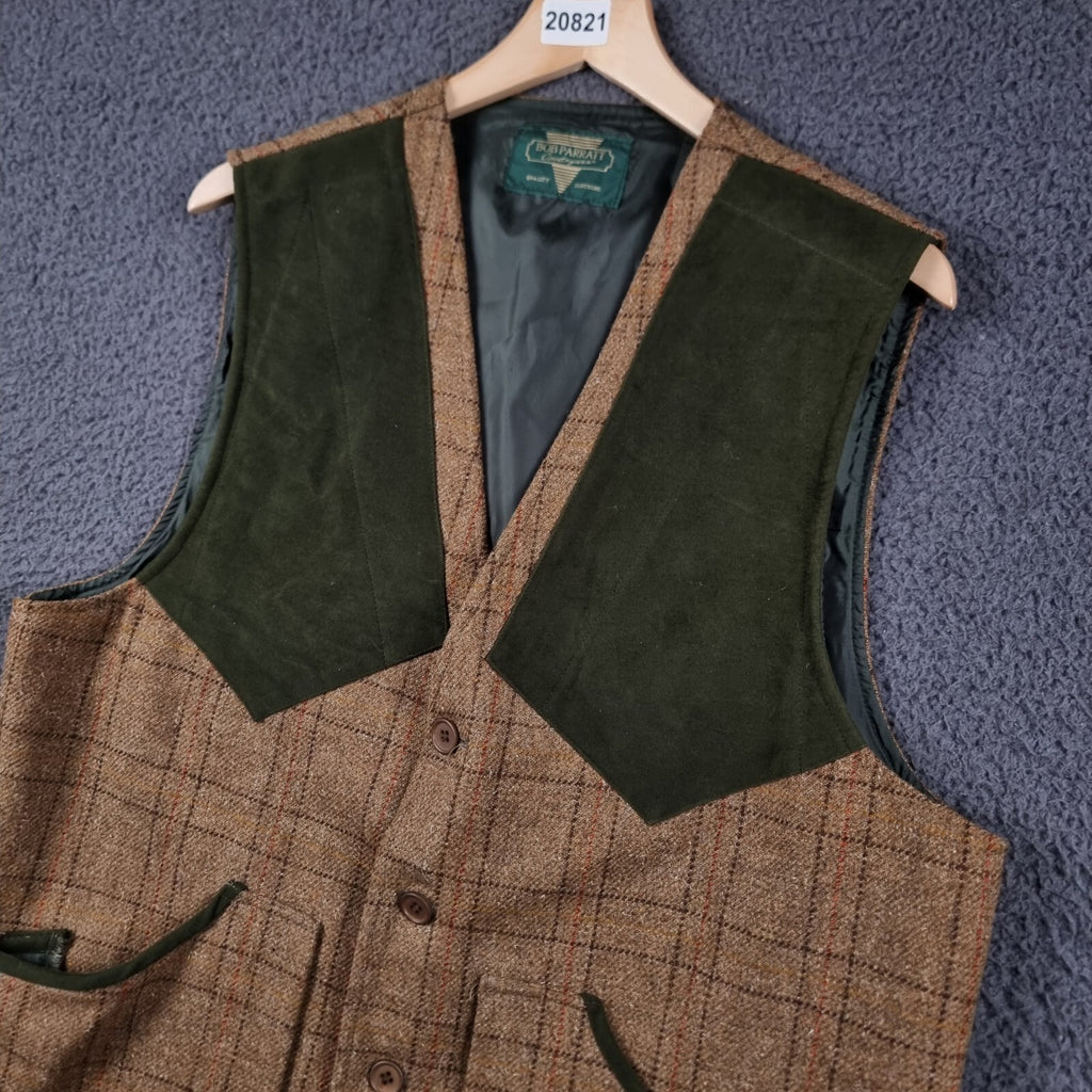 BOB PARRATT Shooting Vest Mens XL Brown 100% Wool Tweed Moleskin Trim Jacket