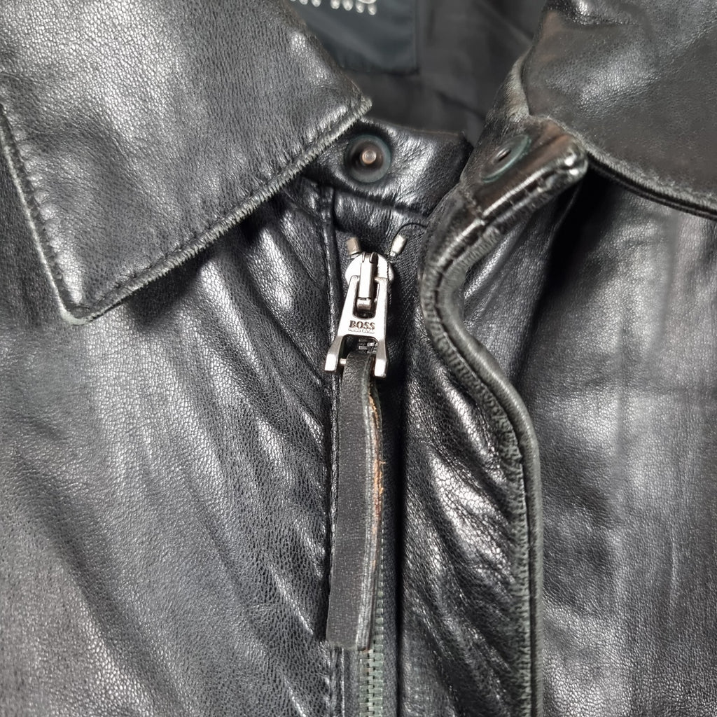 Vintage HUGO BOSS Leather Jacket Mens L Large 40 Black Soft Lambskin Nappa 90s