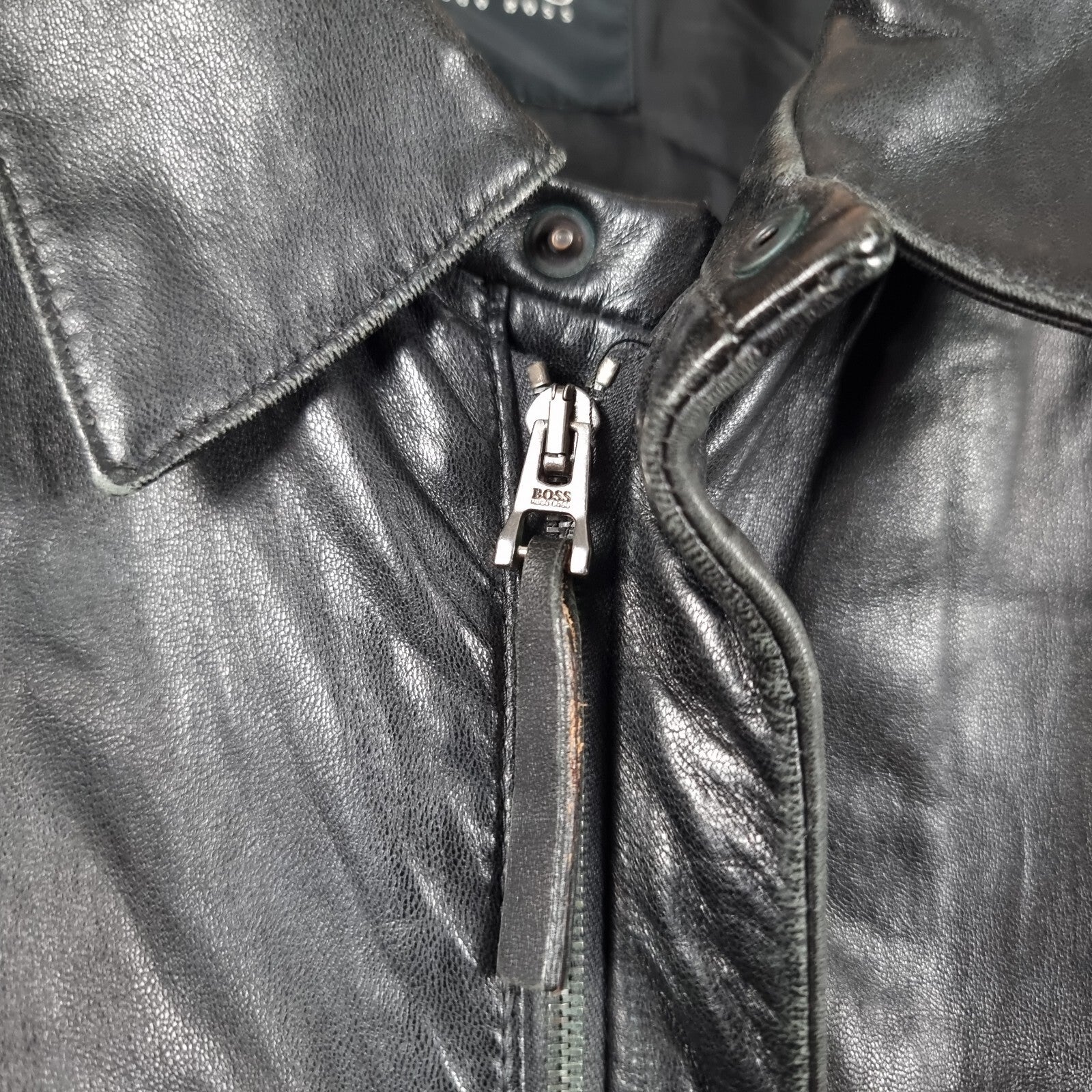 Vintage HUGO BOSS Leather Jacket Mens L Large 40 Black Soft Lambskin Nappa 90s