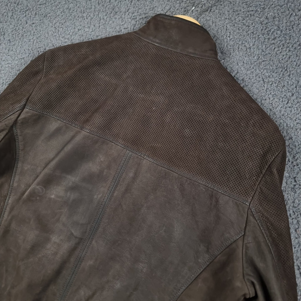 HUGO BOSS Leather Jacket Mens L Large 40R Brown Buffalo Skin Bomber Biker