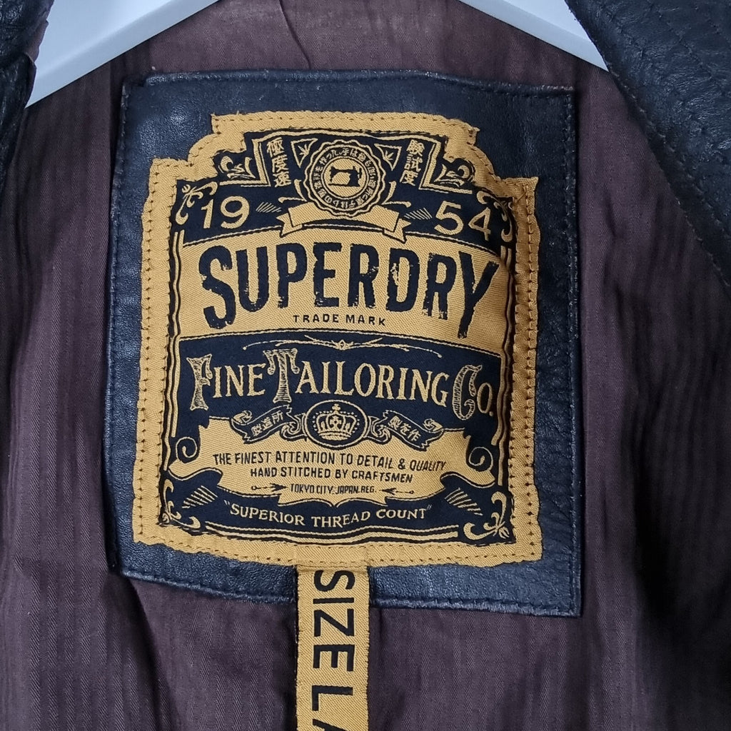 SUPERDRY Leather Jacket Mens L Large Brown Brad Distressed Biker Motorcycle