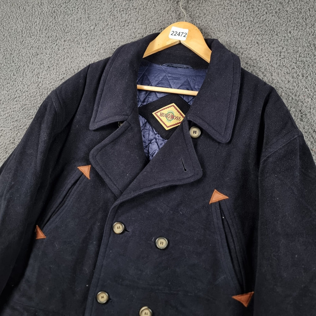 Vintage HUGO BOSS Pea Coat Mens L Large Navy Blue 100% Wool Double Breasted 80s