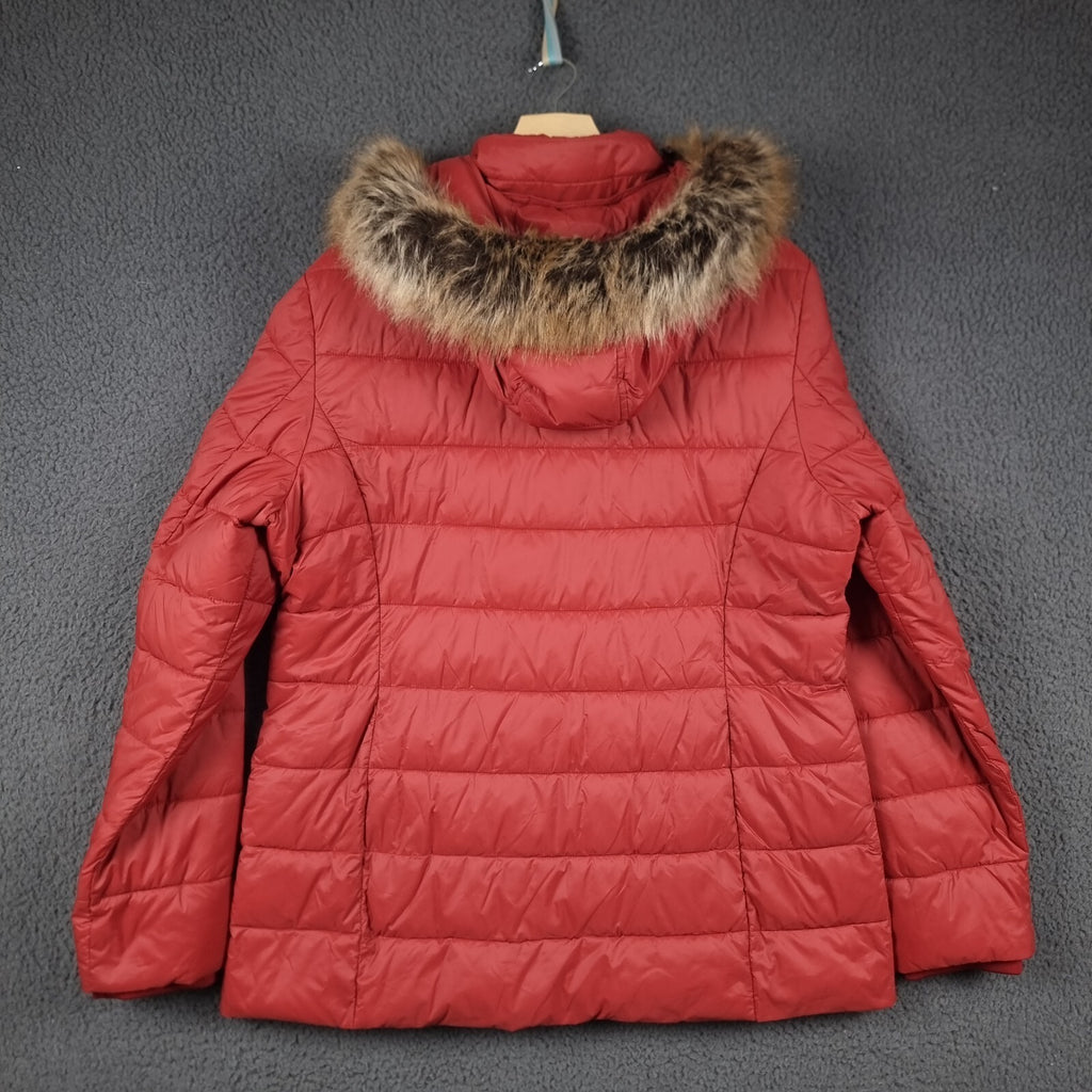 BARBOUR Jacket Womens UK 18 Red Housesteads Quilt Fibre Down Parka Puffer Fur