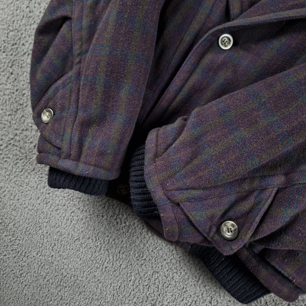 Vintage HUGO BOSS Jacket Mens 48 2XL Purple Check Wool & Cashmere Bomber 80s