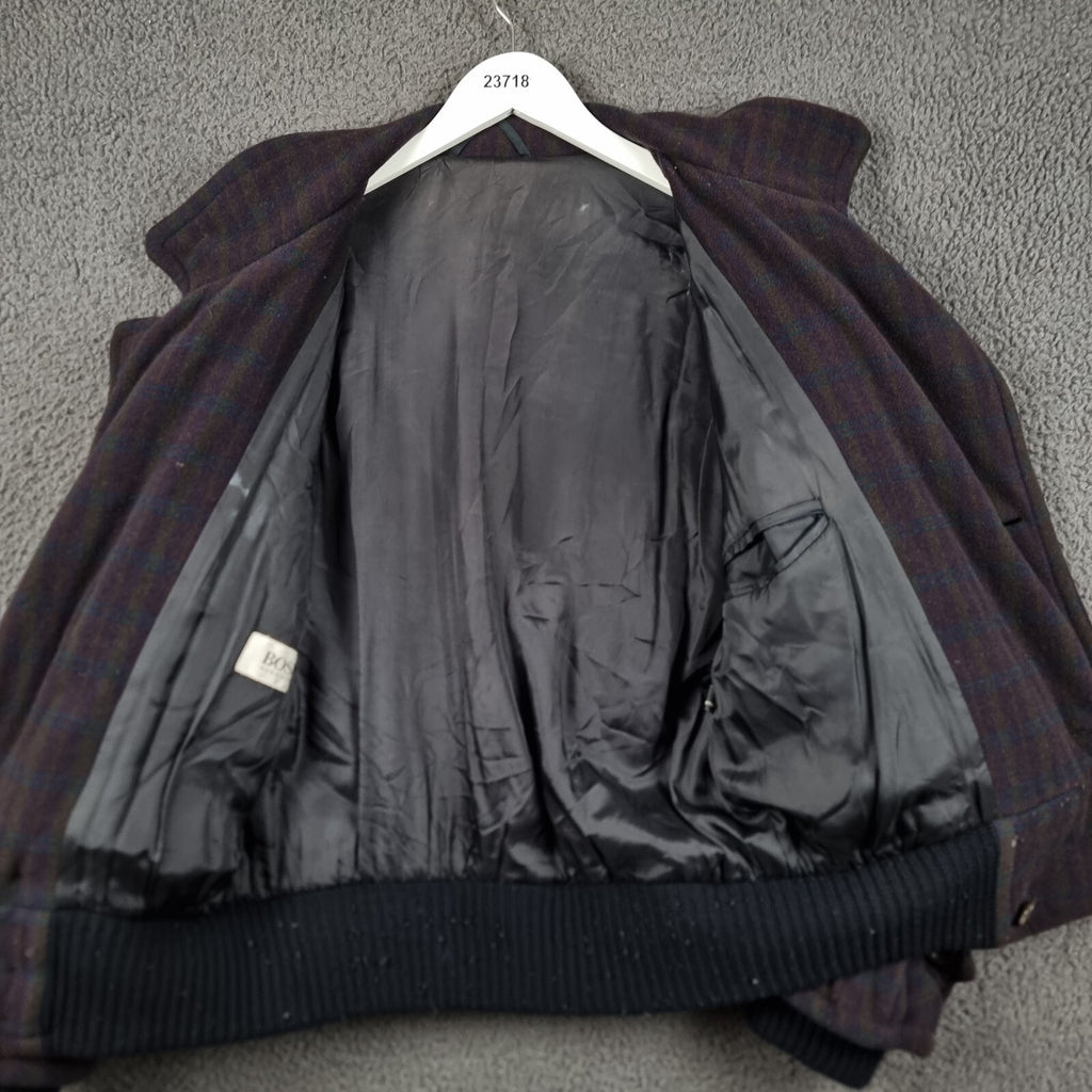 Vintage HUGO BOSS Jacket Mens 48 2XL Purple Check Wool & Cashmere Bomber 80s