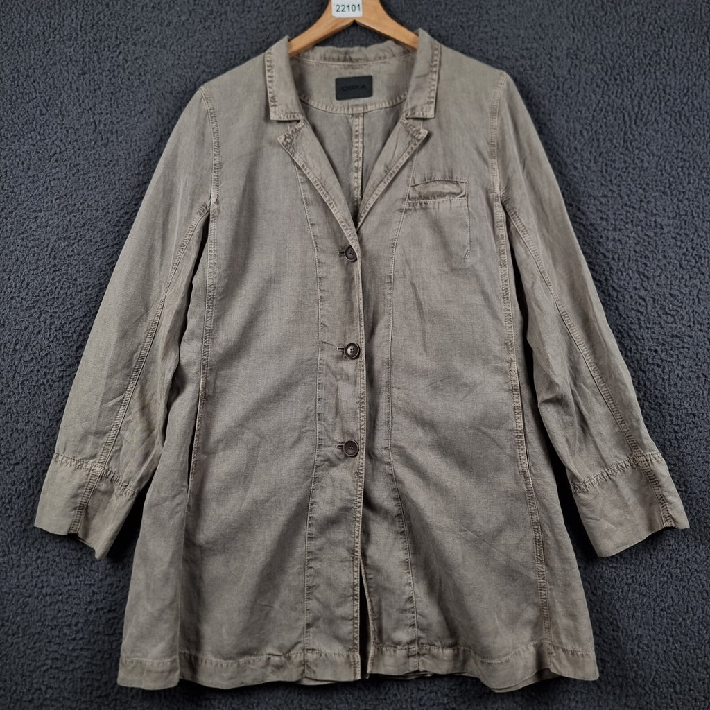 OSKA Jacket Womens Size 3 UK 14 16 Beige Linen Blend Button Trench Coat Collared