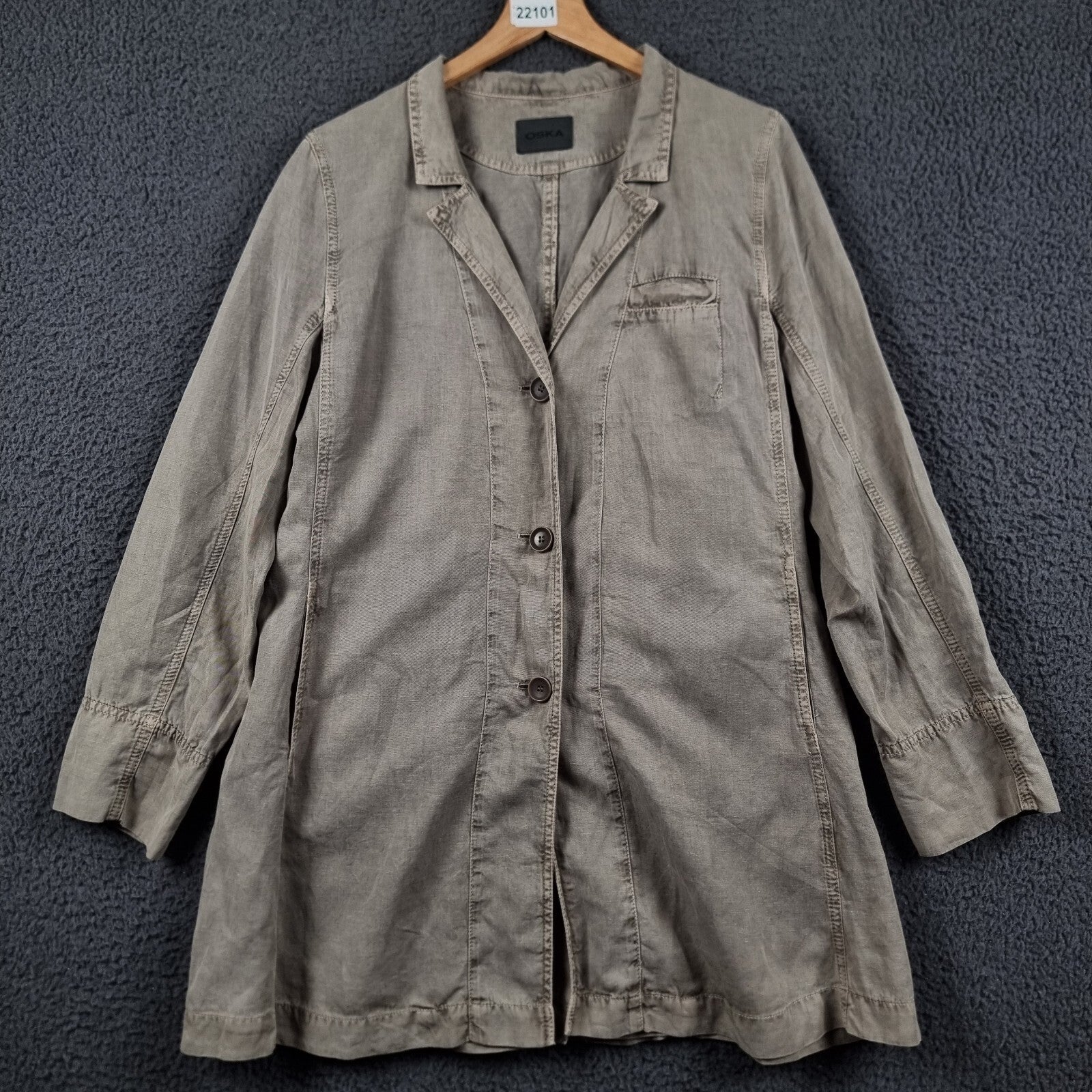 OSKA Jacket Womens Size 3 UK 14 16 Beige Linen Blend Button Trench Coat Collared