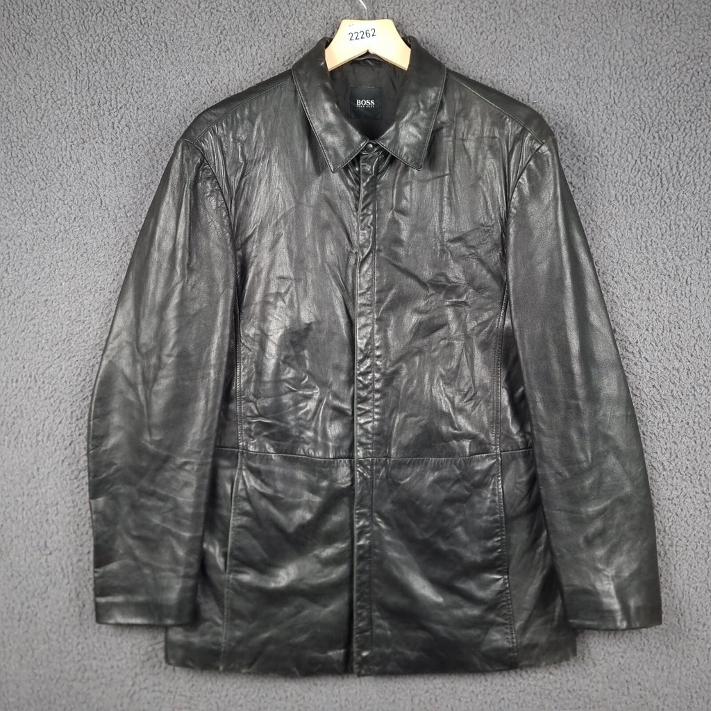 Vintage HUGO BOSS Leather Jacket Mens L Large 40 Black Soft Lambskin Nappa 90s