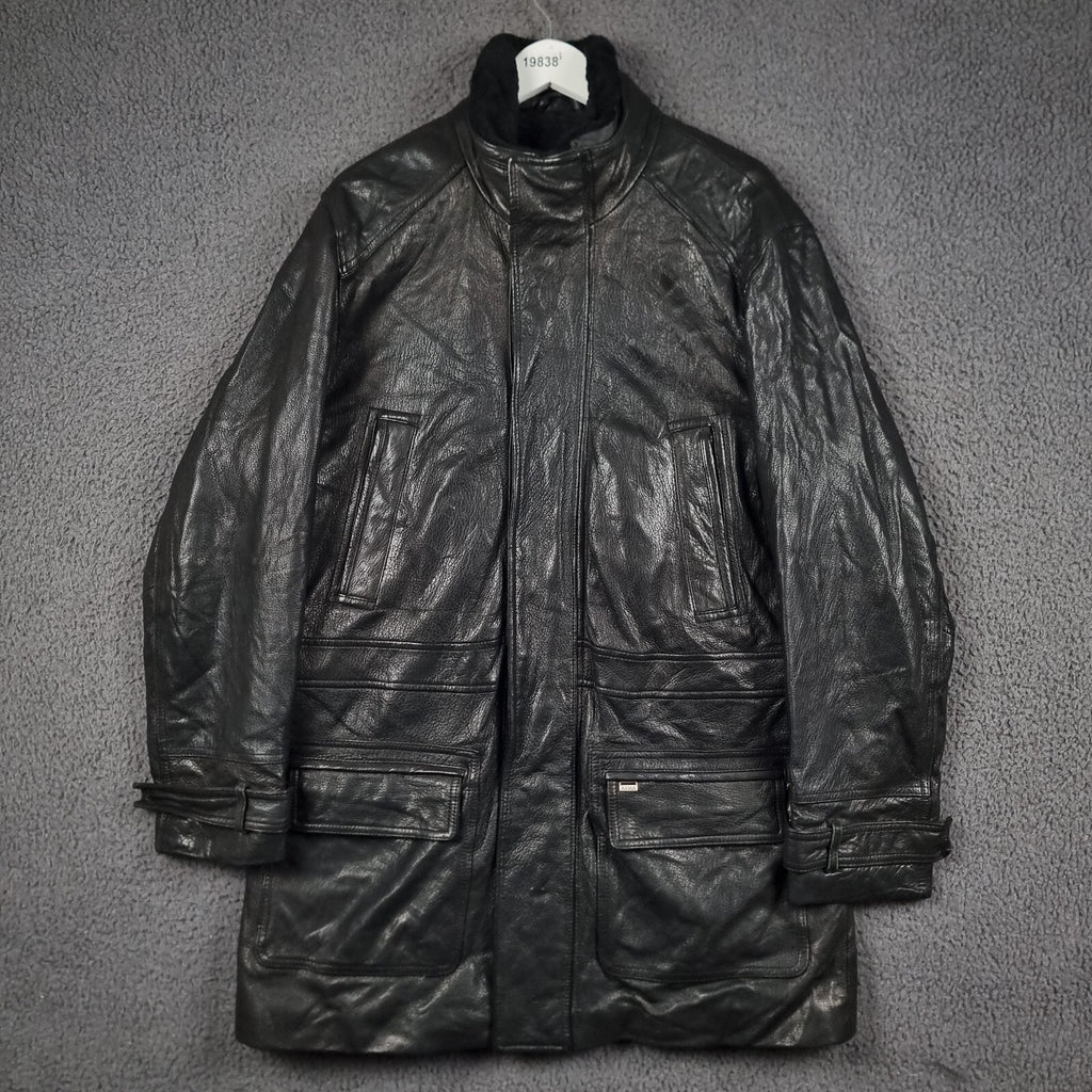 Vintage ARMA Leather Jacket Mens L Large 40 Black Long Overcoat Coat Lined 90s