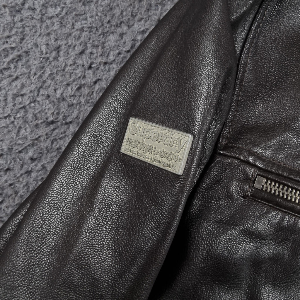 SUPERDRY Leather Jacket Mens M Medium Brown Racer Biker Bomber Zip Real Hero