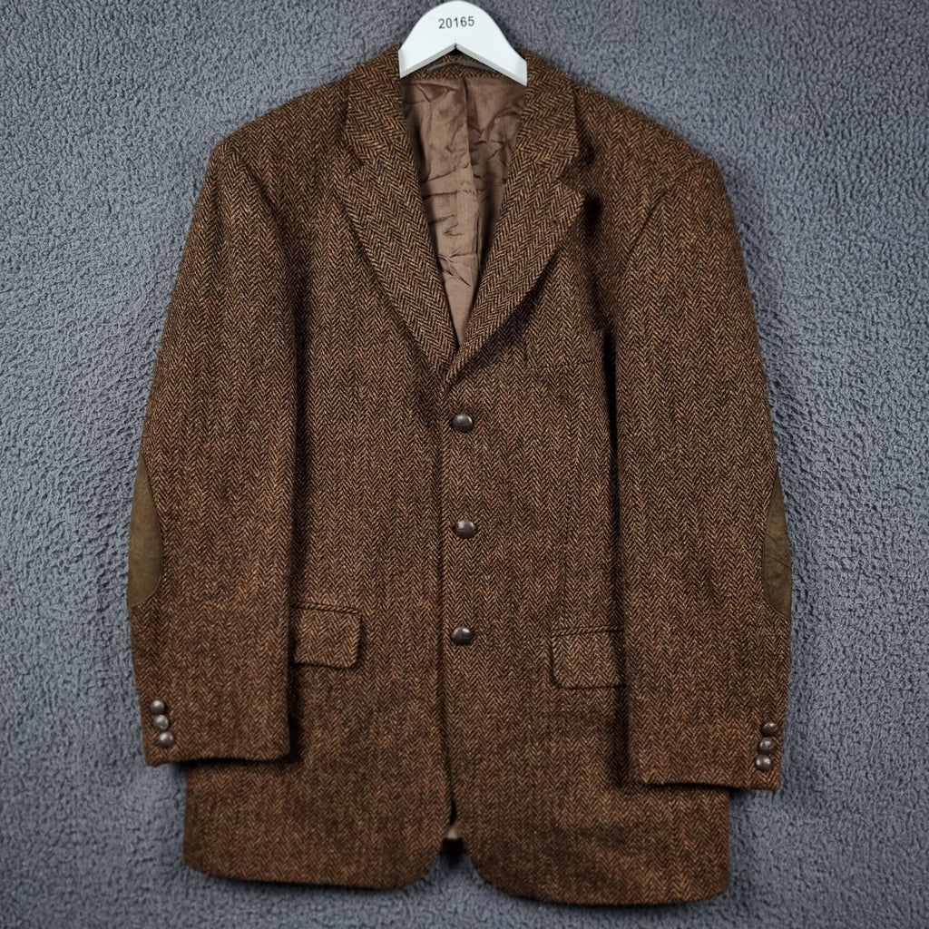 Harris Tweed Blazer Jacket Mens 40 Brown Herringbone Leather Elbow Patch Sport Coat Atwardson